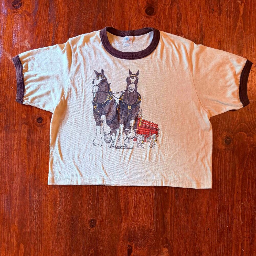 VINTAGE 1980s 90s Budweiser Clydesdales Graphic Ringer T-Shirt Size XL Cropped